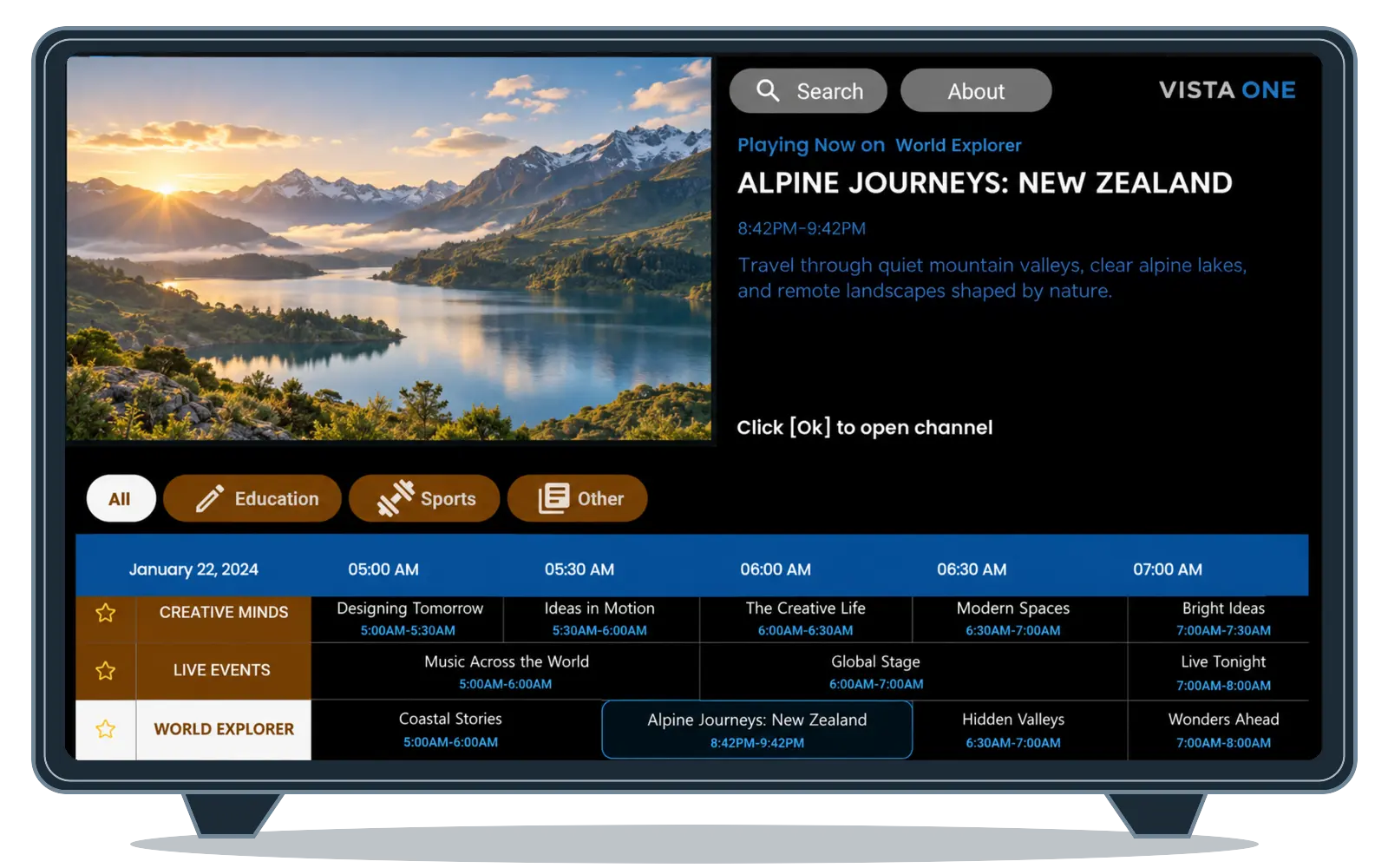 Strimm branded app running on Android TV and Google TV, showing a live channel and TV Guide